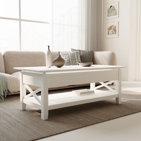 طاولة قهوة جينو بسطح رفع وتخزين داخلي - ابيض