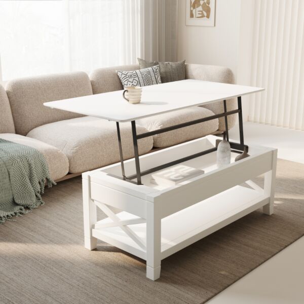 طاولة قهوة جينو بسطح رفع وتخزين داخلي - ابيض