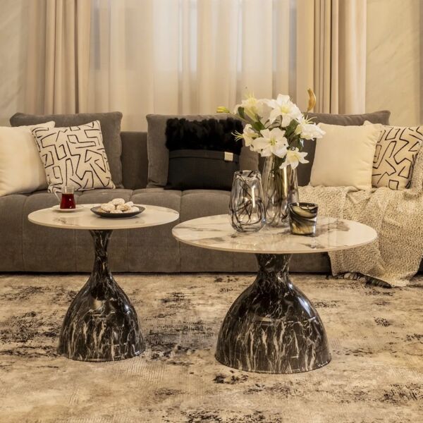 طقم طاولة قهوة وطاولة جانبية لاليا - رمادي وأبيض