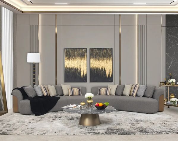 كنب زاوية 2 قطع موود - رمادي غامق وذهبي