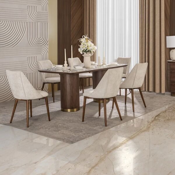 طقم طاولة طعام إيليفا - 6 كراسي - بيج وبني غامق