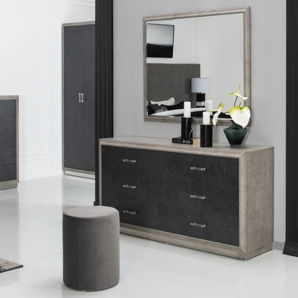 طقم غرفة نوم فلورونتين حجم ملكي مع طاولة تزيين 193X203 سم - رمادي فاتح