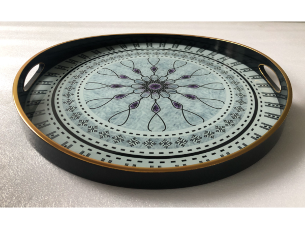 صينية تقديم ترفل دائرى زجاج بإطار بلاستيك متعدد الالوان