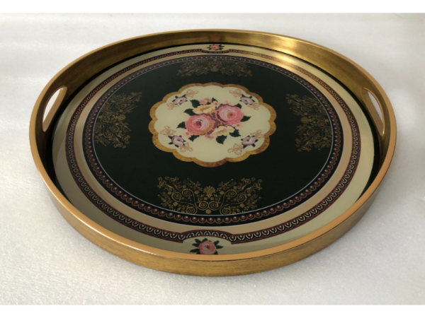 صينية تقديم بولو دائرى زجاج بإطار بلاستيك متعدد الالوان