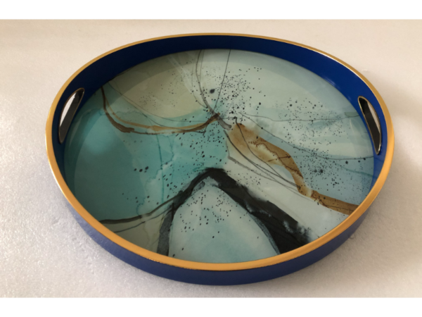 صينية تقديم بينت دائرى زجاج بإطار بلاستيك متعدد الالوان