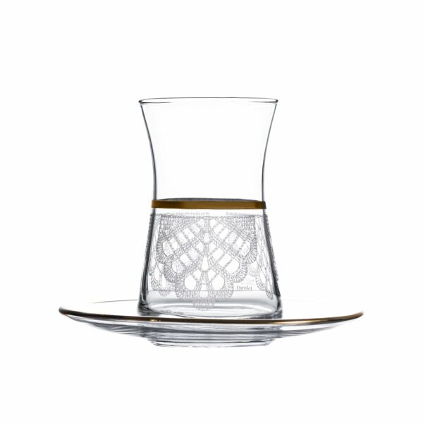 طقم بيالات شاي مع صحون زجاج مورد مذهب 6 أشخاص