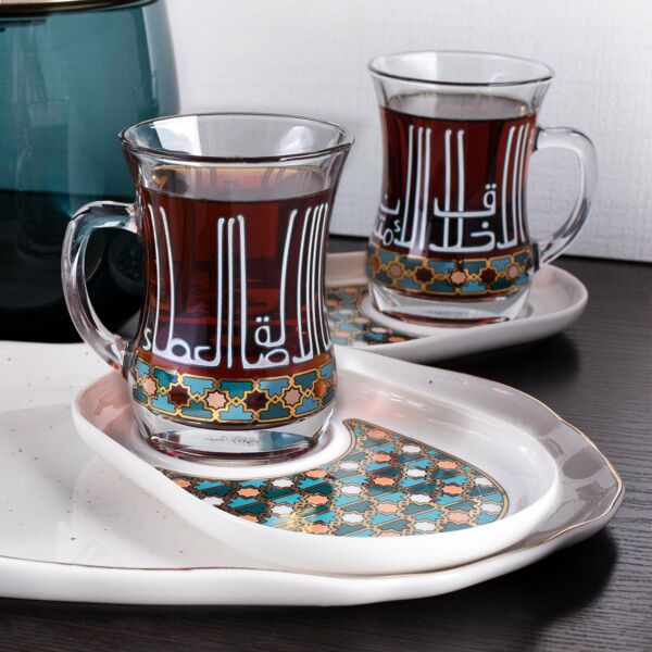طقم بيالات زجاج مع صحون بورسلان اصالة  مذهب شخصين
