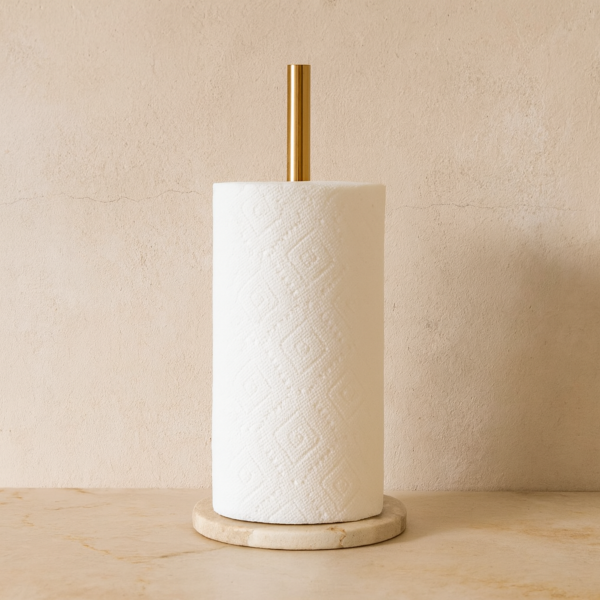 تحفة ديكور حامل رول مناديل رخامي ايلا - بيج وذهبي