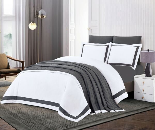 طقم لحاف كينج سادة طرف خط 7 قطع - رمادي غامق