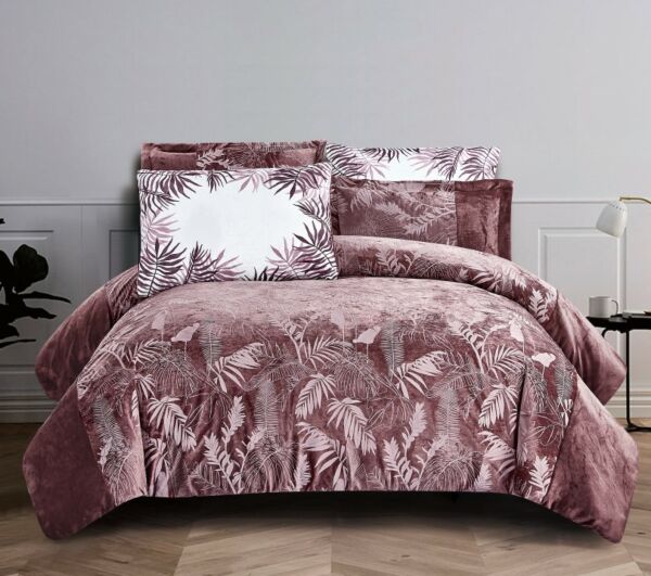 طقم لحاف مفرد ليفي مخمل مشجر 4 قطع - وردي