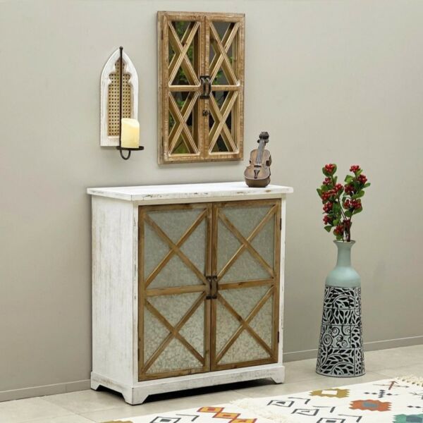 خزانة جانبية رفوف وخشب رونق-ابيض وبيج