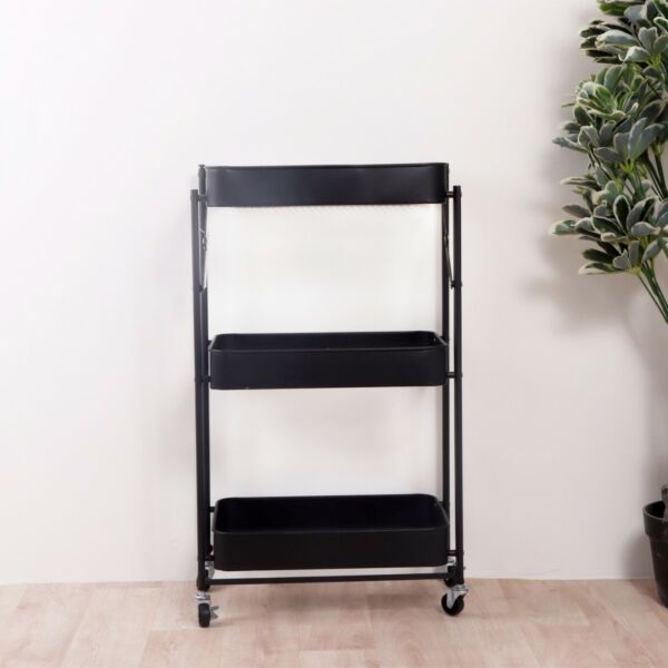 عربة تخزين حديد 3 دور قابلة للطي أسود