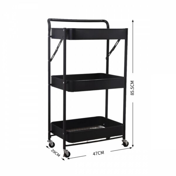 عربة تخزين حديد 3 دور بيد قابلة للطي أسود