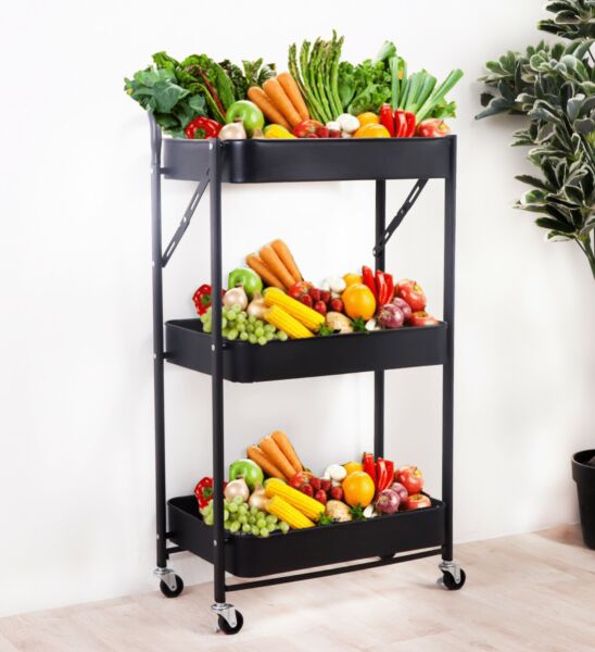 عربة تخزين حديد 3 دور بيد قابلة للطي أسود