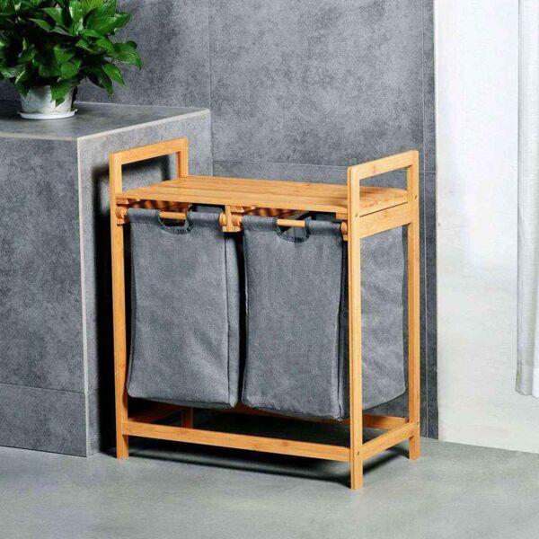 سلة تخزين ملابس خانتين خشب وقماش كوستا - خشبي ورمادي