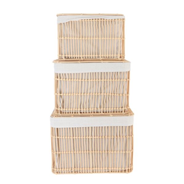 طقم سلال تخزين وتنظيم راتان 3 قطع مستطيلة بغطاء بيتا - بيج