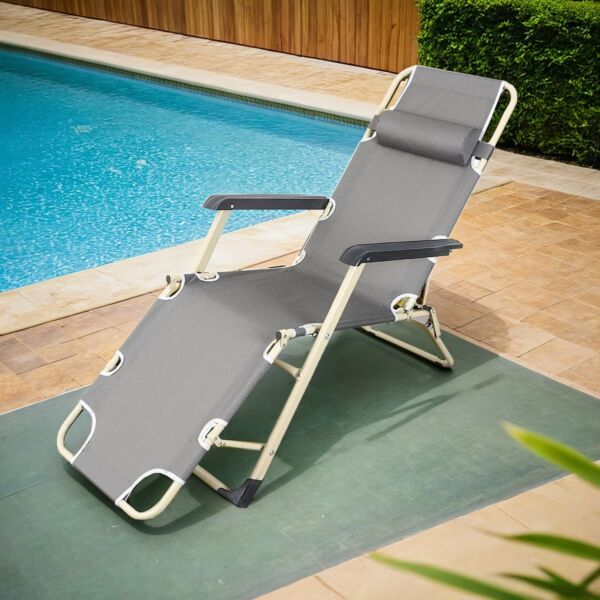 كرسي جلسة خارجية بمسند للرأس قابل للطي - رمادي