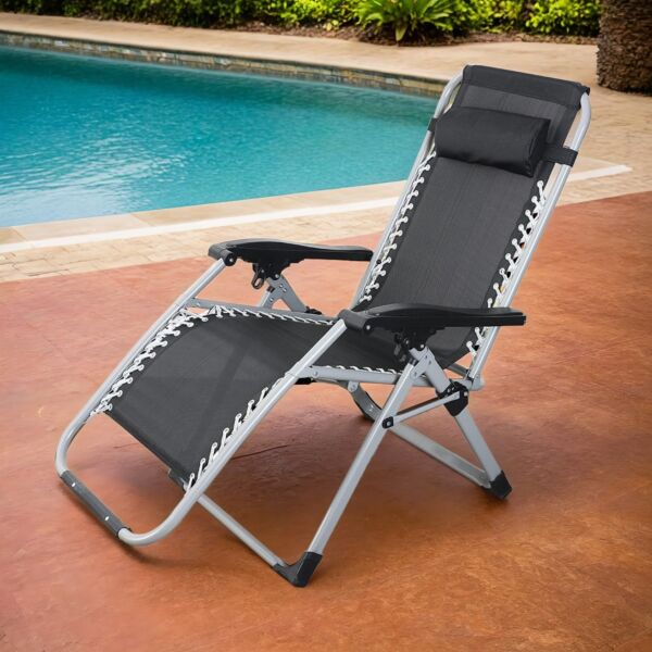 كرسي جلسة خارجية بمسند للرأس قابل للطي - اسود