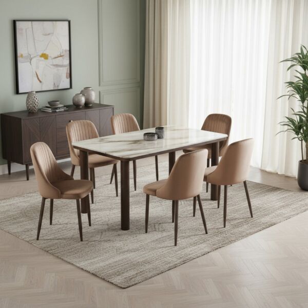 طقم طاولة طعام ميرنا 6 اشخاص رخام - بني