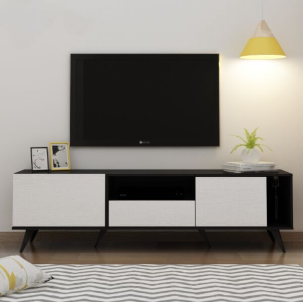 طاولة تلفزيون أركا مع رفوف تخزين - لون أسود و أبيض