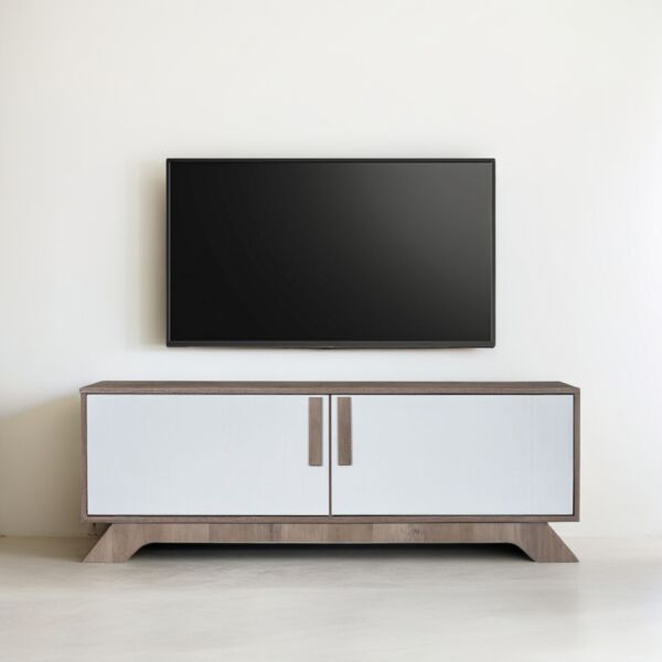 طاولة تلفزيون خشب ماليزي رمادي خشبي وأبيض