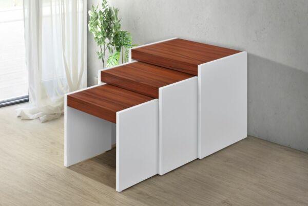 طقم طاولات جانبية 3 قطع خشب ماليزي بينكال أبيض وبني 