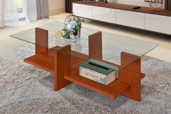 طاولة قهوة خشب ماليزي أعمدة دورين خشب وزجاج جاكوزا بني غامق 