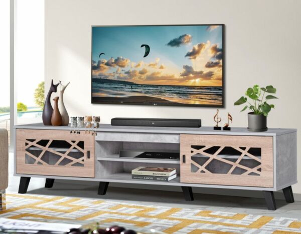 طاولة تلفزيون خشب ماليزي لاكجري لون رمادي وبيج