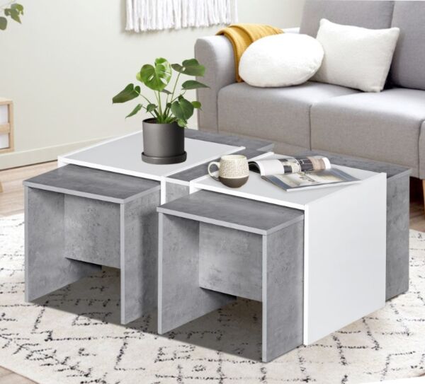 طقم طاولات خدمة 5 قطع خشب ماليزي اللون ابيض ورمادي