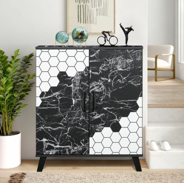 خزانة أحذية فوزلا خشب ماليزي بابين - أسود رخامي وأبيض 