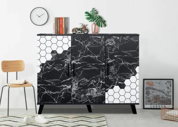 خزانة أحذية ريمان خشب ماليزي 3 أبواب - أسود رخامي وأبيض 