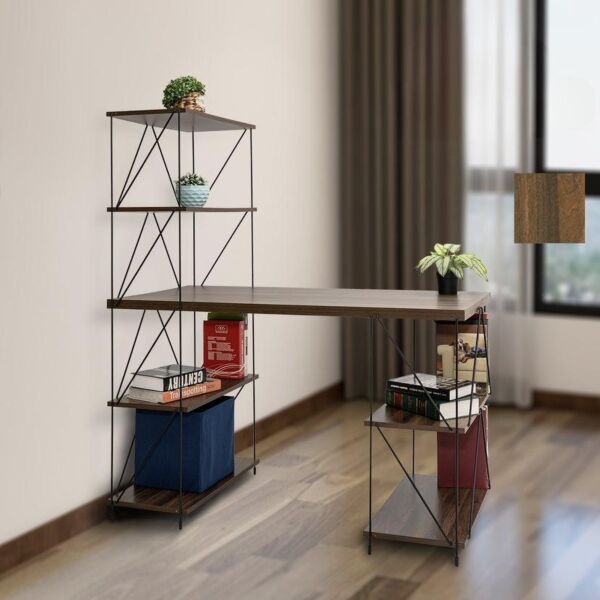 طاولة مكتب مع أرفف جانبية - بني