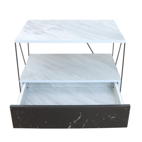 طاولة جانبية رفين ودرج - أبيض وأسود