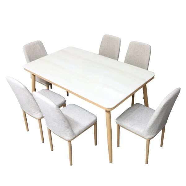 طقم طاولة طعام رخام طبيعي مع 6 كراسي مخمل بينالا - رمادي فاتح