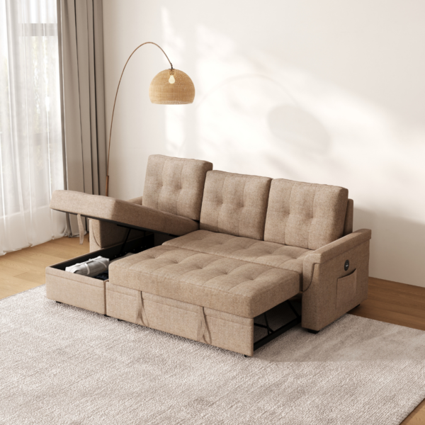 كنب سرير زاوية مع شاحن بورفال - بني فاتح