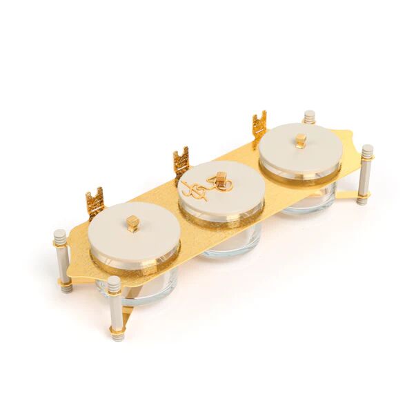 طقم تقديم مكسرات 3 قطع مع صينية من جوار - بيج وذهبي