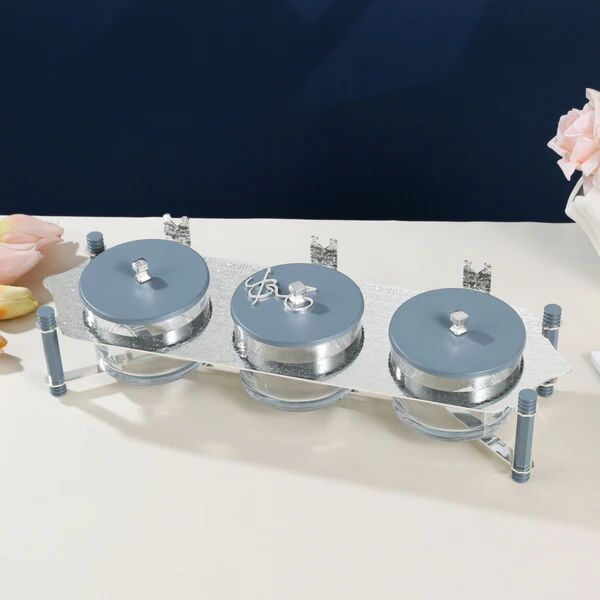 طقم تقديم مكسرات 3 قطع مع صينية من جوار - ازرق وفضي