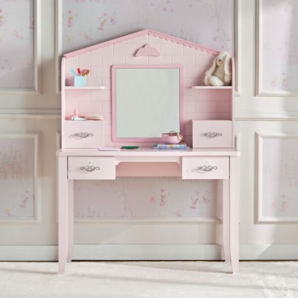 طاولة تزيين بمساحة تخزين ومرآة - رويال ستوري لون وردي