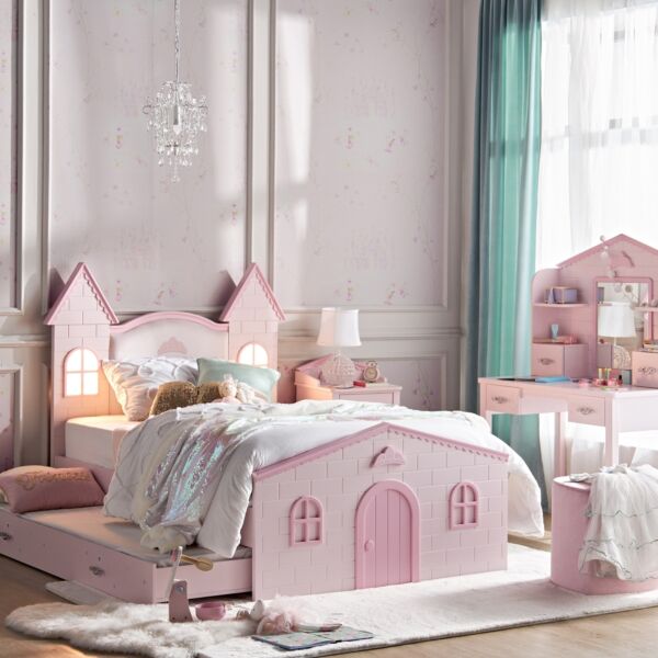 طاولة تزيين بمساحة تخزين ومرآة - رويال ستوري لون وردي