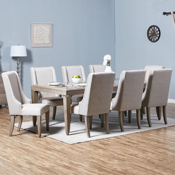 طقم طاولة طعام بسطح زجاج ل 8 اسخاص بوليجون - بلوطي رمادي