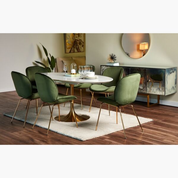 طاولة طعام 6 مقاعد بسطح رخام جانيس - ابيض وذهبي