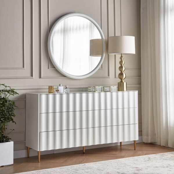 طاولة تزيين 6 أدراج مع مرآة سويرل - ابيض وذهبي