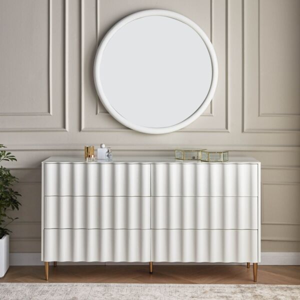 طاولة تزيين 6 أدراج مع مرآة سويرل - ابيض وذهبي