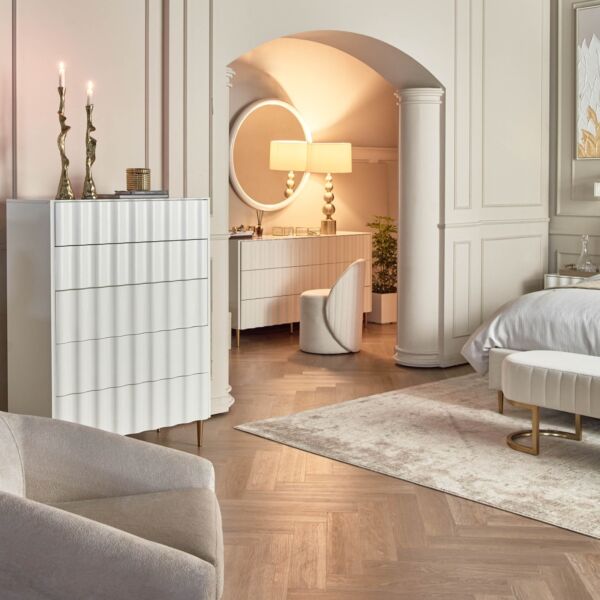 طاولة تزيين 6 أدراج مع مرآة سويرل - ابيض وذهبي