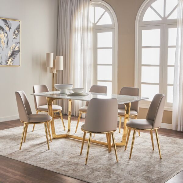 طقم طاولة طعام ل 6 اشخاص بسطح سيراميك دالتون - ابيض وذهبي