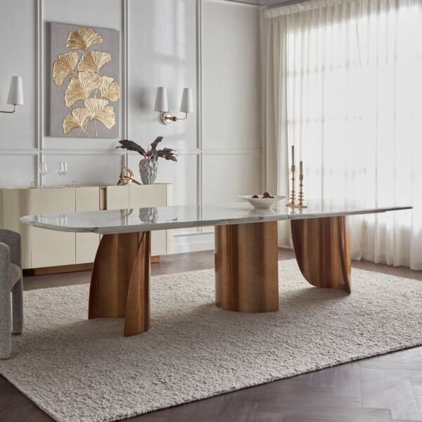 طاولة طعام 10 مقاعد جيميناي - ابيض وذهبي