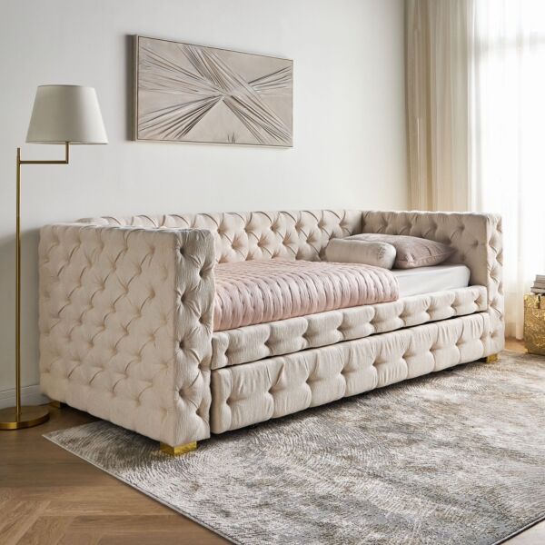 كنبة سرير مع وحدة سرير سفلي ميشا 90x200 سم - بيج وذهبي