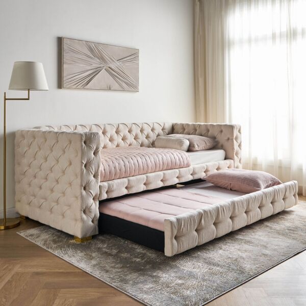 كنبة سرير مع وحدة سرير سفلي ميشا 90x200 سم - بيج وذهبي