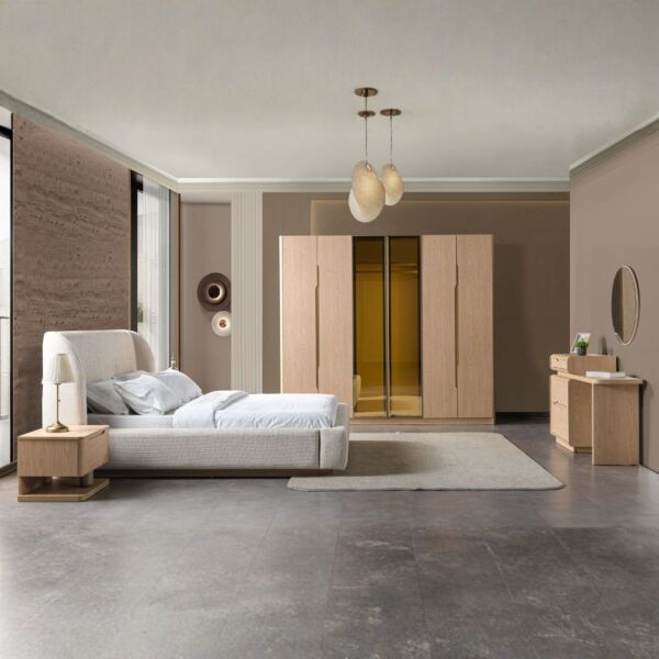 طقم غرفة نوم كينغ 5 قطع يلدز - 180x200سم - بيج وذهبي