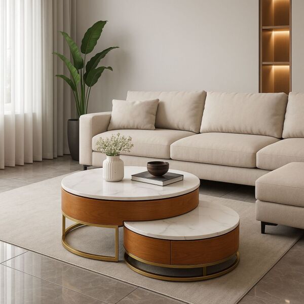 طاولة قهوة متداخلة قطعتين ريمبا - ابيض وبني